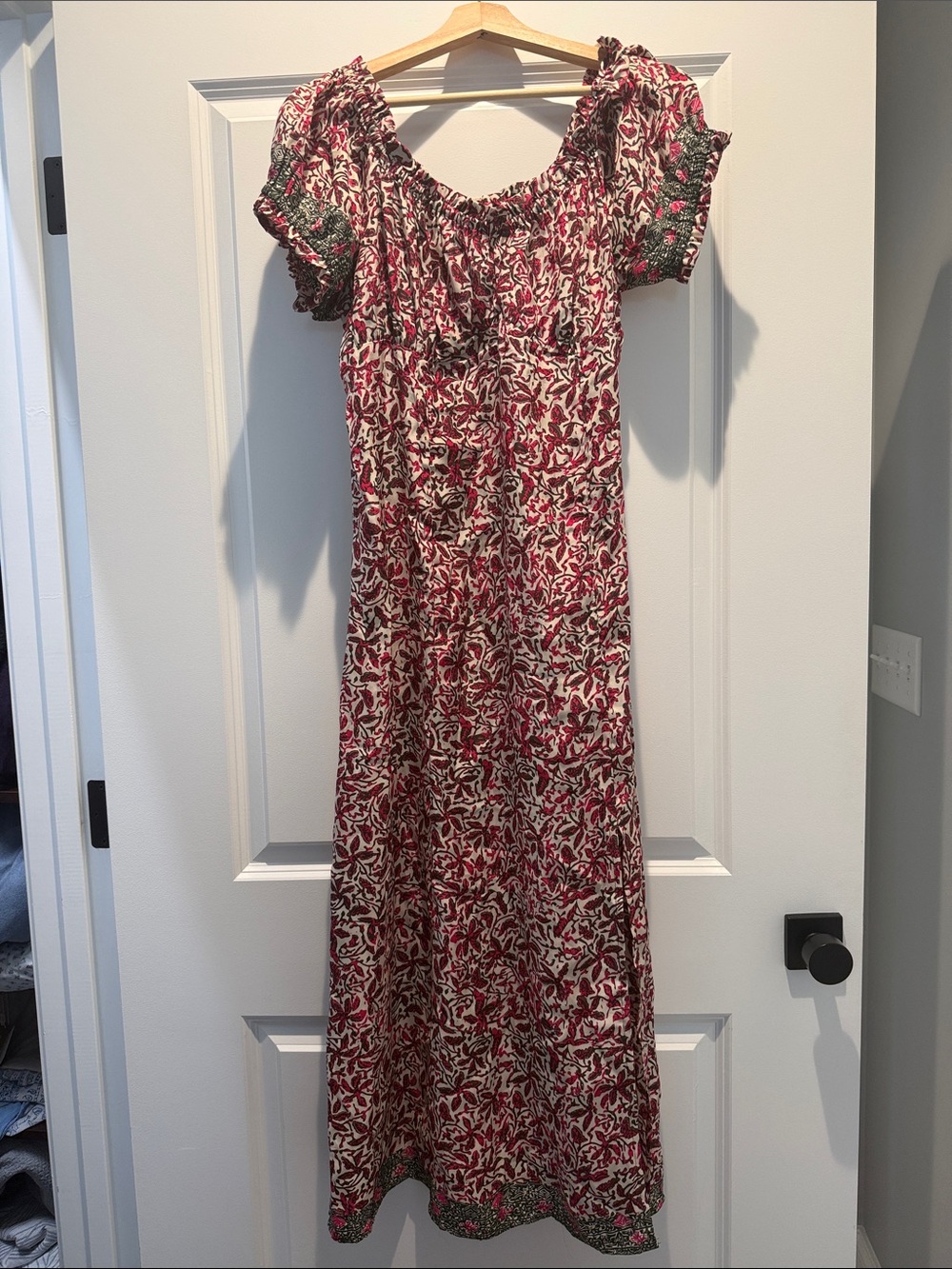 Natalie Martin Red and Cream Floral Maxi Dress with Green Trim